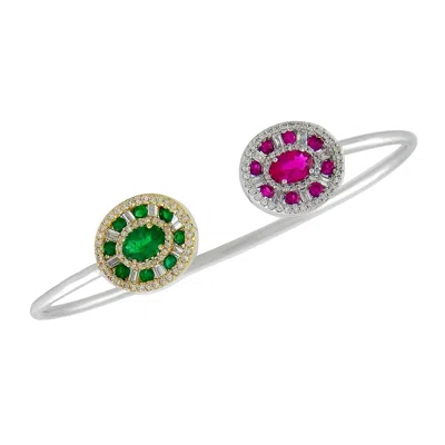 ARTISAN WOMEN'S WHITE / GREEN 18K WHITE GOLD RUBY & EMERALD DIAMOND CUFF BRACELET