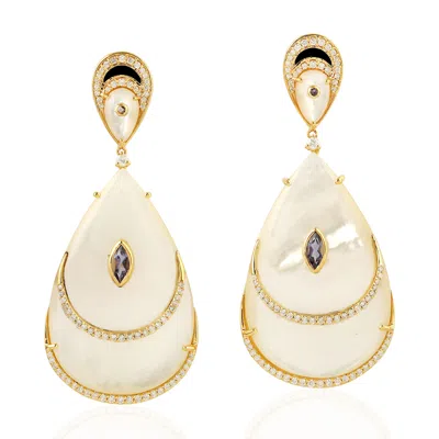 ARTISAN WOMEN'S DESIGNER GOLD EARRINGS WITH MOTHER OF PEARL & IOLITE PAVE DIAMOND