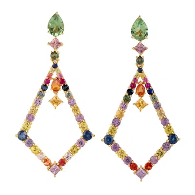 ARTISAN WOMEN'S DESIGNER GOLD EARRINGS WITH MULTICOLOR SAPPHIRE AND TOURMALINE