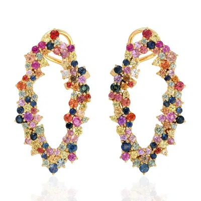 ARTISAN WOMEN'S YELLOW GOLD DANGLE CLIP-ON EARRINGS WITH MULTICOLOR SAPPHIRES