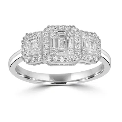 ARTISAN WOMEN'S TRIPLE CLUSTER BAGUETTE AND ROUND DIAMOND RING IN 18K WHITE GOLD
