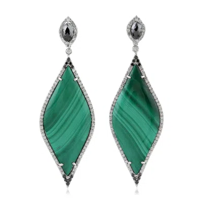 ARTISAN WOMEN'S BLACK / GREEN / WHITE STATEMENT MALACHITE & DIAMOND DANGLE EARRINGS IN 18K WHITE GOLD