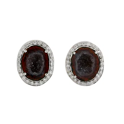 ARTISAN WOMEN'S WHITE / BLACK UNEVEN GEODE GEMSTONE & DIAMOND STUD EARRINGS IN WHITE GOLD