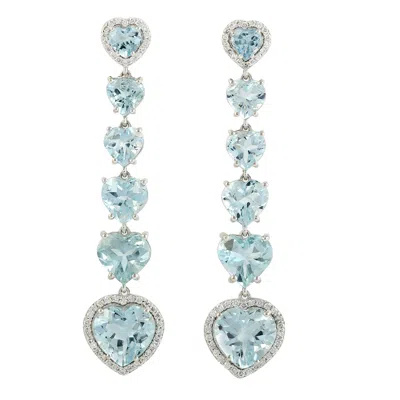 ARTISAN WOMEN'S WHITE / BLUE AQUAMARINE & DIAMOND HEART DROP EARRINGS IN 18K WHITE GOLD