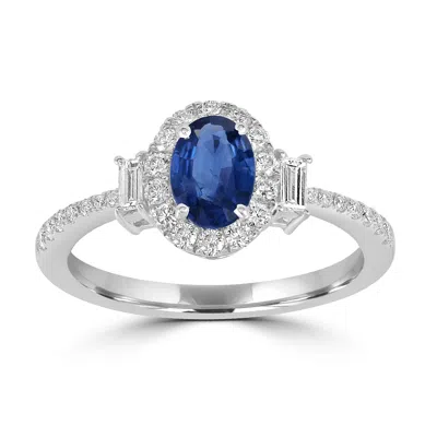 ARTISAN WOMEN'S WHITE / BLUE BAGUETTE CUT DIAMOND & OVAL BLUE SAPPHIRE DESIGNER RING IN WHITE GOLD