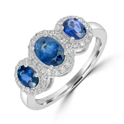 ARTISAN WOMEN'S WHITE / BLUE TRIPLE BLUE SAPPHIRE AND DIAMOND HALO RING IN 18K WHITE GOLD