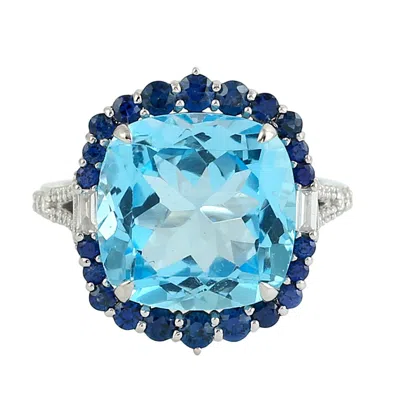 ARTISAN WOMEN'S WHITE / BLUE CUSHION BLUE TOPAZ COCKTAIL RING WITH SAPPHIRE HALO IN 14K WHITE GOLD
