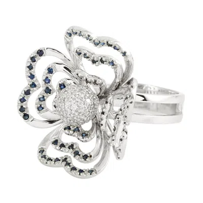 ARTISAN WOMEN'S WHITE / BLUE WHITE GOLD FLOWER COCKTAIL RING WITH BLUE SAPPHIRES & DIAMONDS
