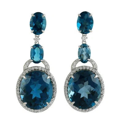 ARTISAN WOMEN'S WHITE / BLUE OVAL CUT LONDON TOPAZ PAVE DIAMOND DANGLE EARRINGS IN WHITE GOLD