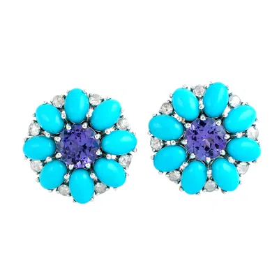 ARTISAN WOMEN'S WHITE / BLUE TURQUOISE AND TANZANITE DIAMOND STUD EARRINGS IN WHITE GOLD – FINE JEWELRY