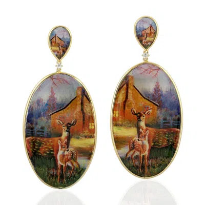 ARTISAN WOMEN'S GOLD / WHITE PICTURE BAKELITE & DIAMOND ENAMEL DANGLE EARRINGS IN YELLOW GOLD