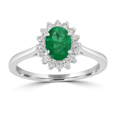 ARTISAN WOMEN'S WHITE / GREEN 18K WHITE GOLD PRONG EMERALD & DIAMOND HANDMADE FLOWER RING