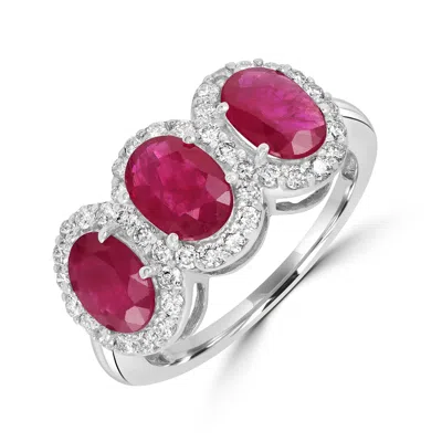 ARTISAN WOMEN'S WHITE / RED LUXURY PAVÉ DIAMOND AND RUBY THREE-STONE RING IN WHITE GOLD