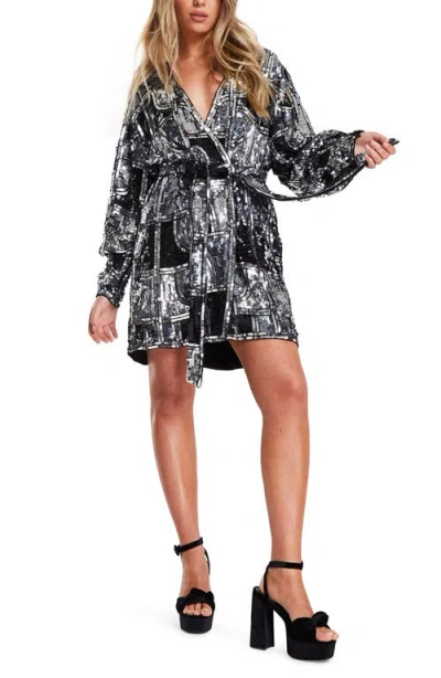 ASOS DESIGN ASOS DESIGN GRAPHIC SEQUIN LONG SLEEVE WRAP MINIDRESS