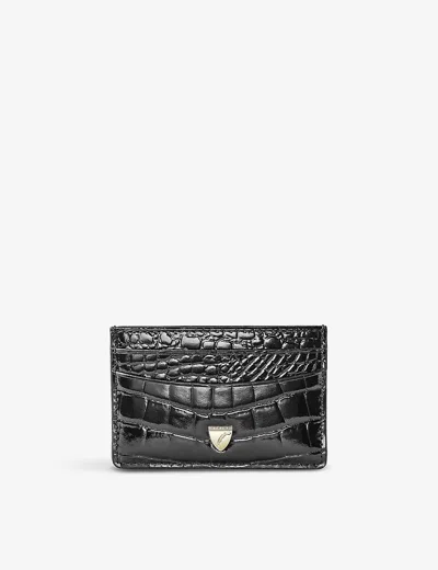 ASPINAL OF LONDON WOMENS BLACK LOGO-EMBELLISHED CROC-EMBOSSED LEATHER CARD HOLDER