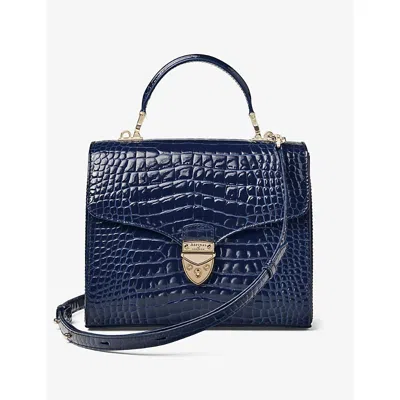 ASPINAL OF LONDON WOMENS MIDNIGHT MAYFAIR CROC-EMBOSSED LEATHER TOP-HANDLE BAG