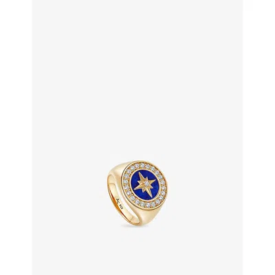 ASTLEY CLARKE WOMENS POLARIS 18CT YELLOW GOLD VERMEIL, LAPIS AND WHITE SAPPHIRE SIGNET RING
