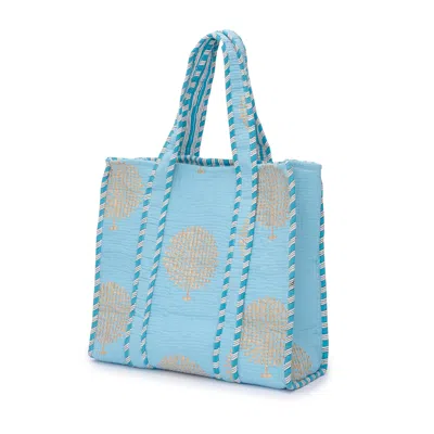 AT LAST... WOMEN'S BLUE / GOLD MEDIUM COTTON TOTE BAG IN BABY BLUE & GOLD
