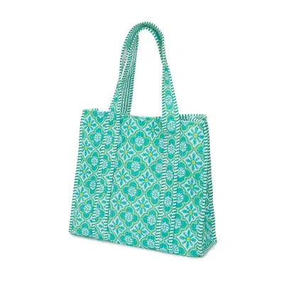 AT LAST... WOMEN'S BLUE MEDIUM COTTON TOTE BAG IN TURQUOISE & WHITE FLOWER