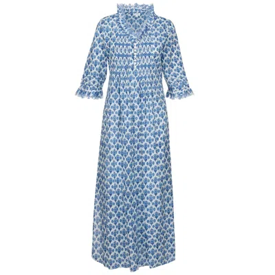 AT LAST... WOMEN'S BLUE / WHITE COTTON ANNABEL MAXI DRESS IN BLUE THISTLE