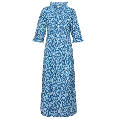 AT LAST... WOMEN'S BLUE / WHITE COTTON ANNABEL MAXI DRESS IN SEA FERN