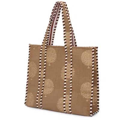 AT LAST... WOMEN'S BROWN / GOLD LARGE COTTON TOTE BAG IN COFFEE & GOLD