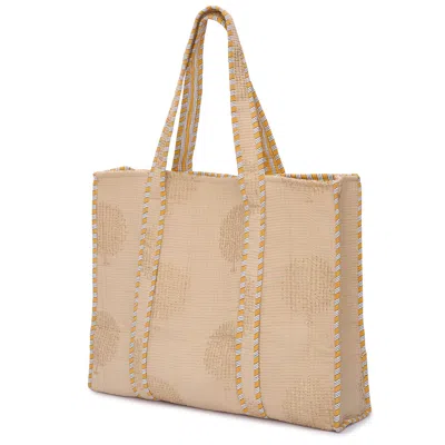 AT LAST... WOMEN'S GOLD / NEUTRALS LARGE COTTON TOTE BAG IN LATTE & GOLD