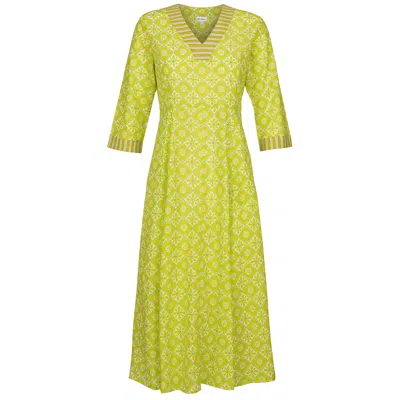 AT LAST... WOMEN'S GREEN COTTON RHONDA MIDI DRESS IN LIME & WHITE FLOWER
