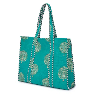 AT LAST... WOMEN'S GREEN / GOLD LARGE COTTON TOTE BAG IN PEACOCK & GOLD