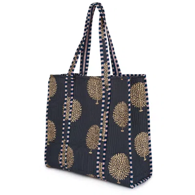 AT LAST... WOMEN'S GREY / GOLD LARGE COTTON TOTE BAG IN CHARCOAL GREY & GOLD