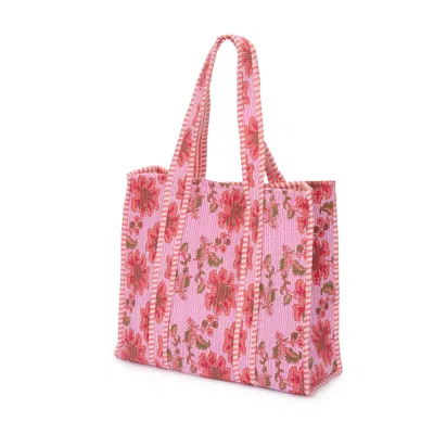 AT LAST... WOMEN'S PINK / PURPLE MEDIUM COTTON TOTE BAG IN PINK PINSTRIPE