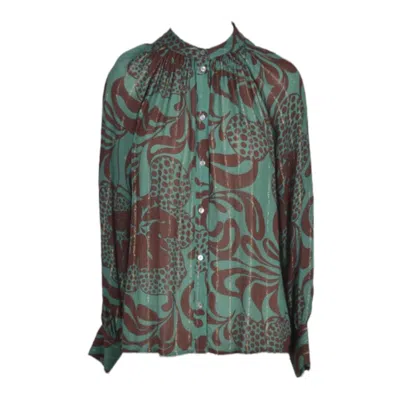 ATTIC AND BARN ATTIC AND BARN DAMEN LANGARM BLUSE SHIRT GRÜN BRAUN PRINT LUREX NEU ETIKETT
