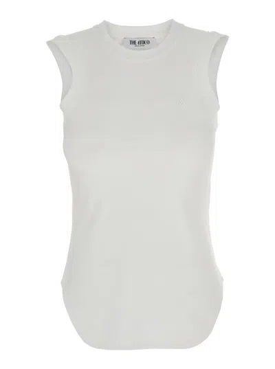 ATTICO WHITE SLEEVELESS CREWNECK TOP WITH TONAL LOGO EMBROIDERY ON THE FRONT IN COTTON WOMAN