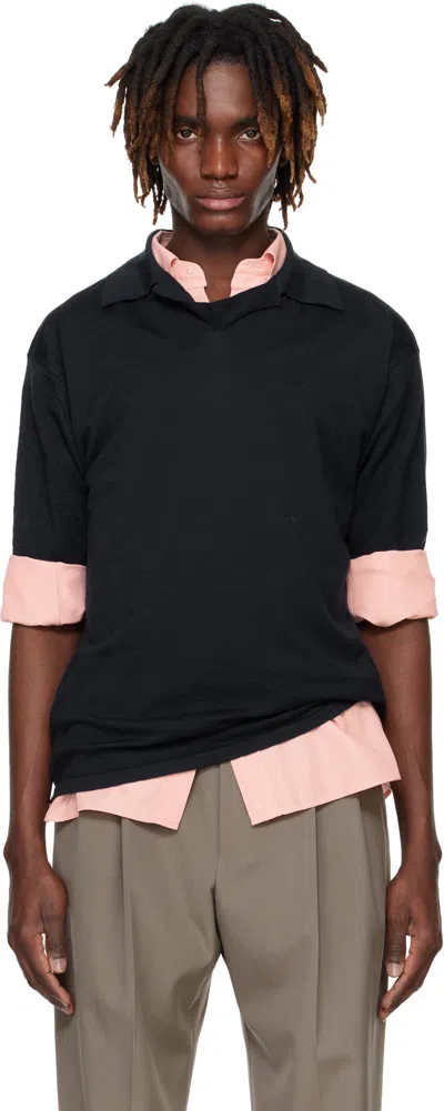 AURALEE NAVY PRODUCT DYED WOOL KNIT POLO