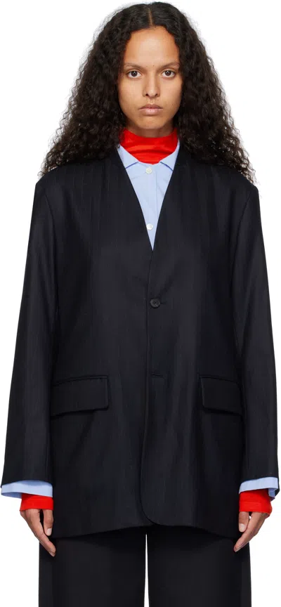 AURALEE NAVY WOOL FULLING FLANNEL STRIPE BLAZER