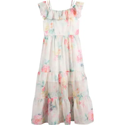 AVA & YELLY AVA & YELLY KIDS' PRINT RUFFLE CHIFFON MAXI DRESS