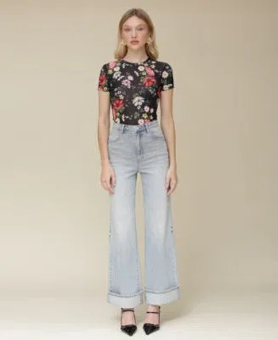 AVEC LES FILLES WOMENS FLORAL PRINT FITTED T SHIRT CUFFED HIGH RISE WIDE LEG JEANS