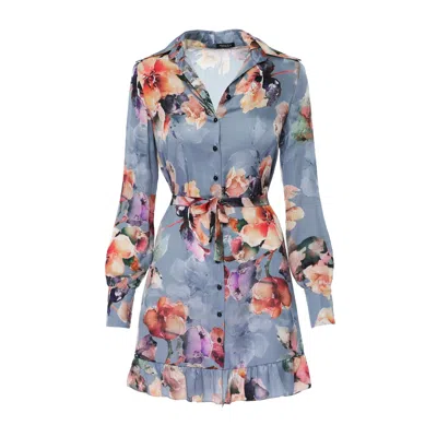 AVENUE NO.29 WOMEN'S FLORAL PRINT SATIN SHIRT DRESS - LIGHT BLUE