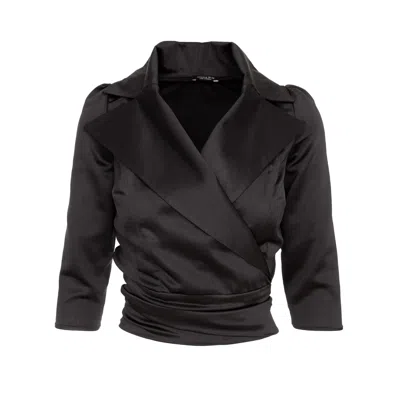 AVENUE NO.29 WOMEN'S SATIN LAPEL WRAP BLOUSE WITH BOW - BLACK
