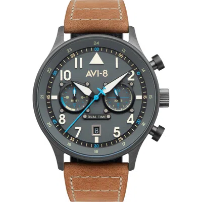 AVI-8 AVI-8 HAWKER HURRICANE CAREY CHRONOGRAPH LEATHER STRAP WATCH, 44MM