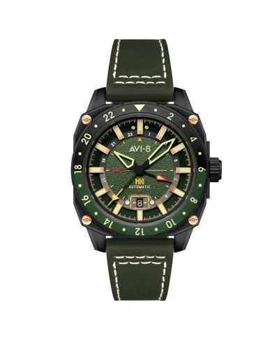 AVI-8 MEN'S HAWKER HUNTER ATLAS GMT AUTOMATIC GREEN LEATHER STRAP WATCH, 44MM