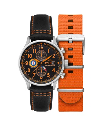 AVI-8 MEN'S HAWKER HURRICANE CLASSIC CHRONOGRAPH BLACK LEATHER STRAP WATCH, 43.5MM