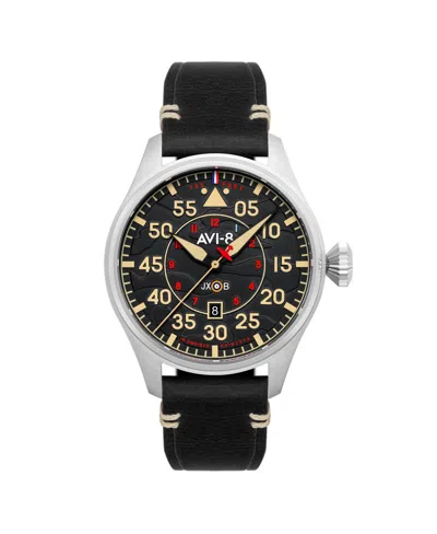 AVI-8 MEN'S HAWKER HURRICANE CLOWES AUTOMATIC BLACK LEATHER STRAP WATCH, 46MM