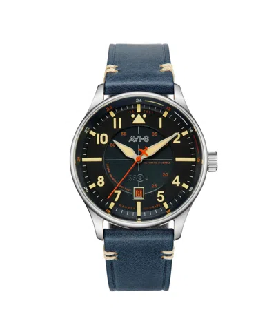 AVI-8 MEN'S HAWKER HURRICANE KENT AUTOMATIC BLUE LEATHER STRAP WATCH, 43MM
