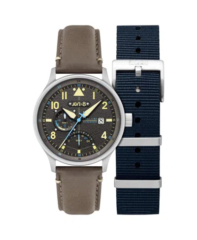 AVI-8 MEN'S HAWKER HURRICANE MCKELLAR DUAL-TIME GRAY LEATHER STRAP WATCH, 44MM
