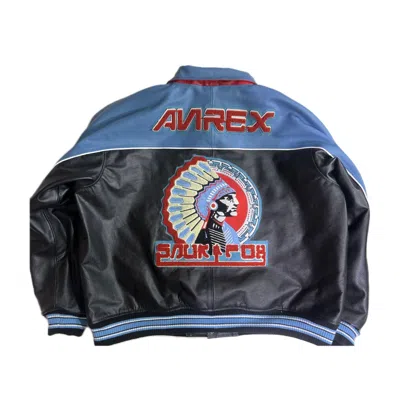 AVIREX MEN’S AVIREX JACKET 90S BLUE REAL SHANAIL EMBROIDERED COWHIDE LEATHER JACKET