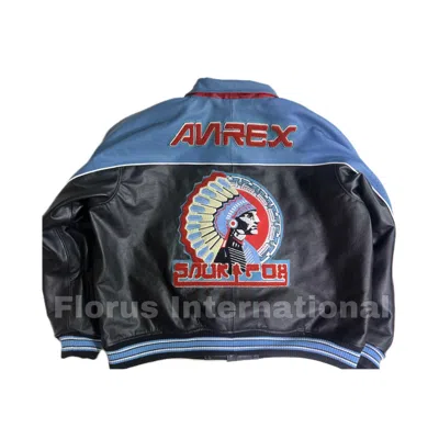 AVIREX MEN'S AVIREX REAL BOMBER VINTAGE BLUE 90S EMBROIDERED LEATHER BOMBER JACKET