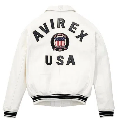 AVIREX MEN’S AVIREX WHITE AMERICAN BOMBER JACKET GENUINE COWHIDE FLIGHT LEATHER JACKET