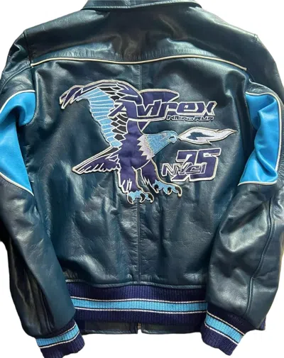 AVIREX MEN’S VINTAGE AVIREX BLUE NITRO RUN BOMBER LEATHER JACKET EMBROIDERED PATCHES