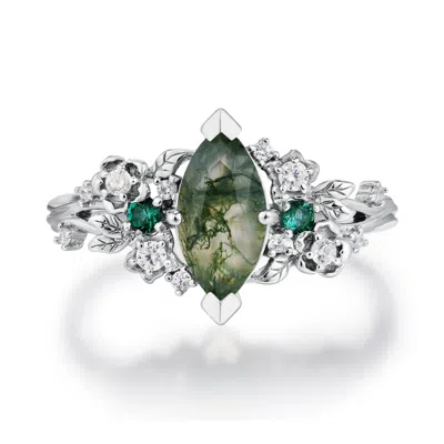 AZURA JEWELRY NEW YORK WOMEN'S SILVER BRIAR MEADOW MOSS AGATE RING WHITE GOLD VERMEIL
